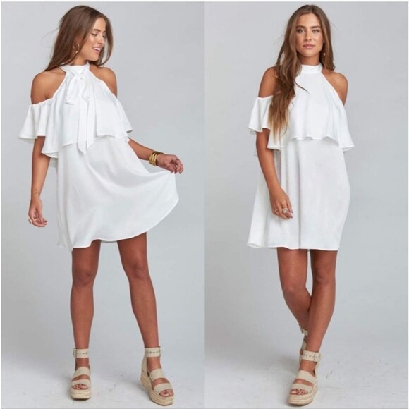 Show Me Your Mumu Solid White Kaitlin  Ruffle Tie Neck Mini Dress - Picture 2 of 12